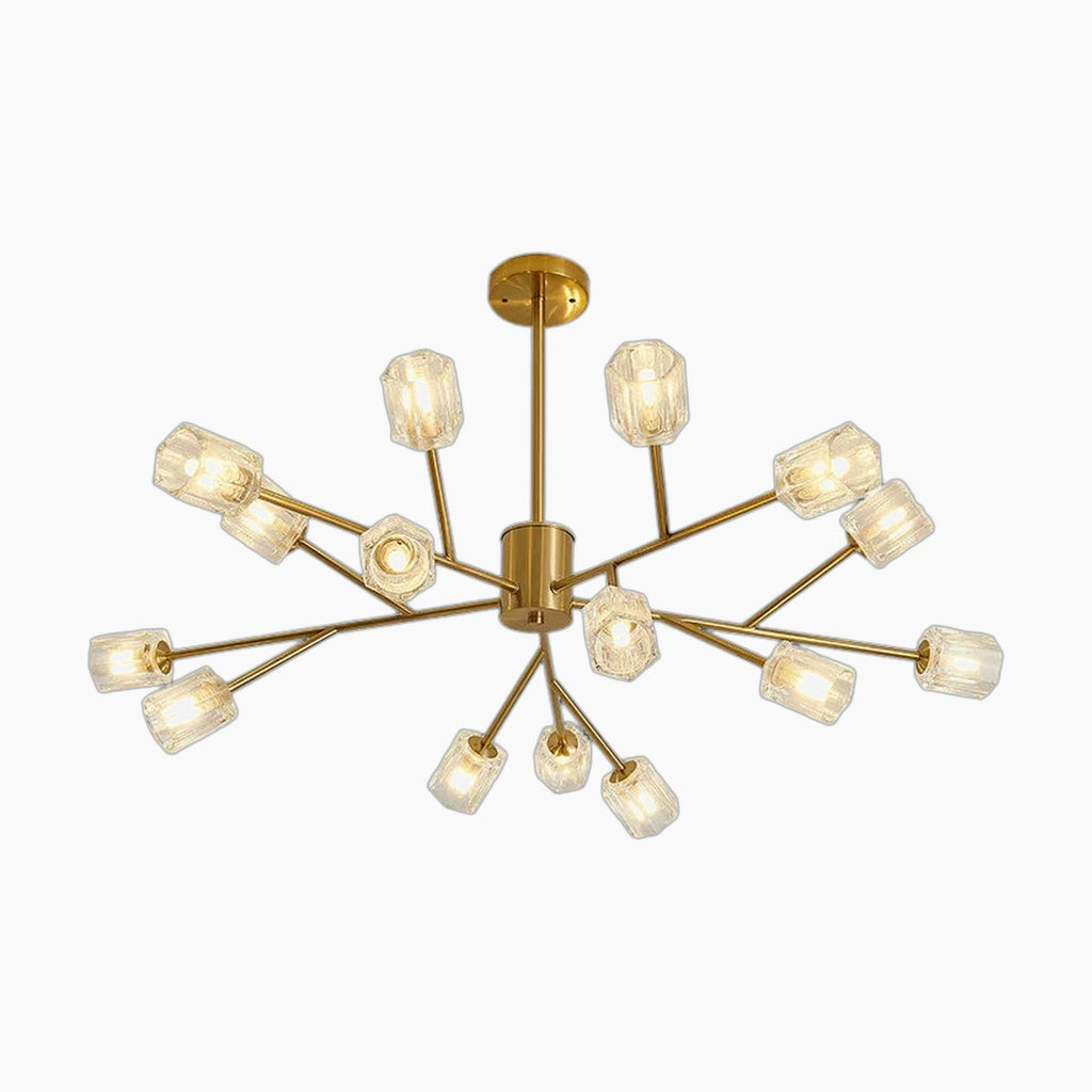 Modern Nordic LED crystal chandelier with multiple arms and faceted glass covers for elegance.