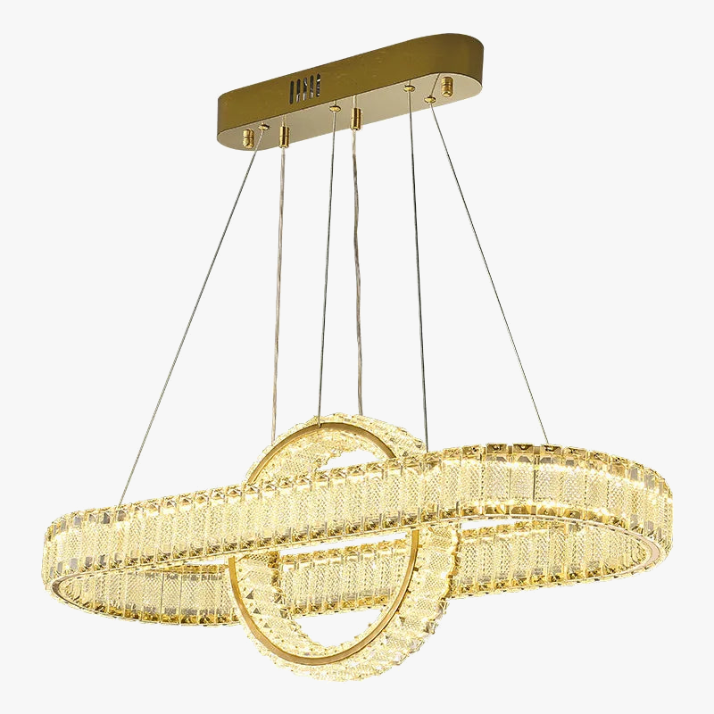 Gold-base LED chandelier with two intertwined crystal rings, creating a warm, elegant illumination.