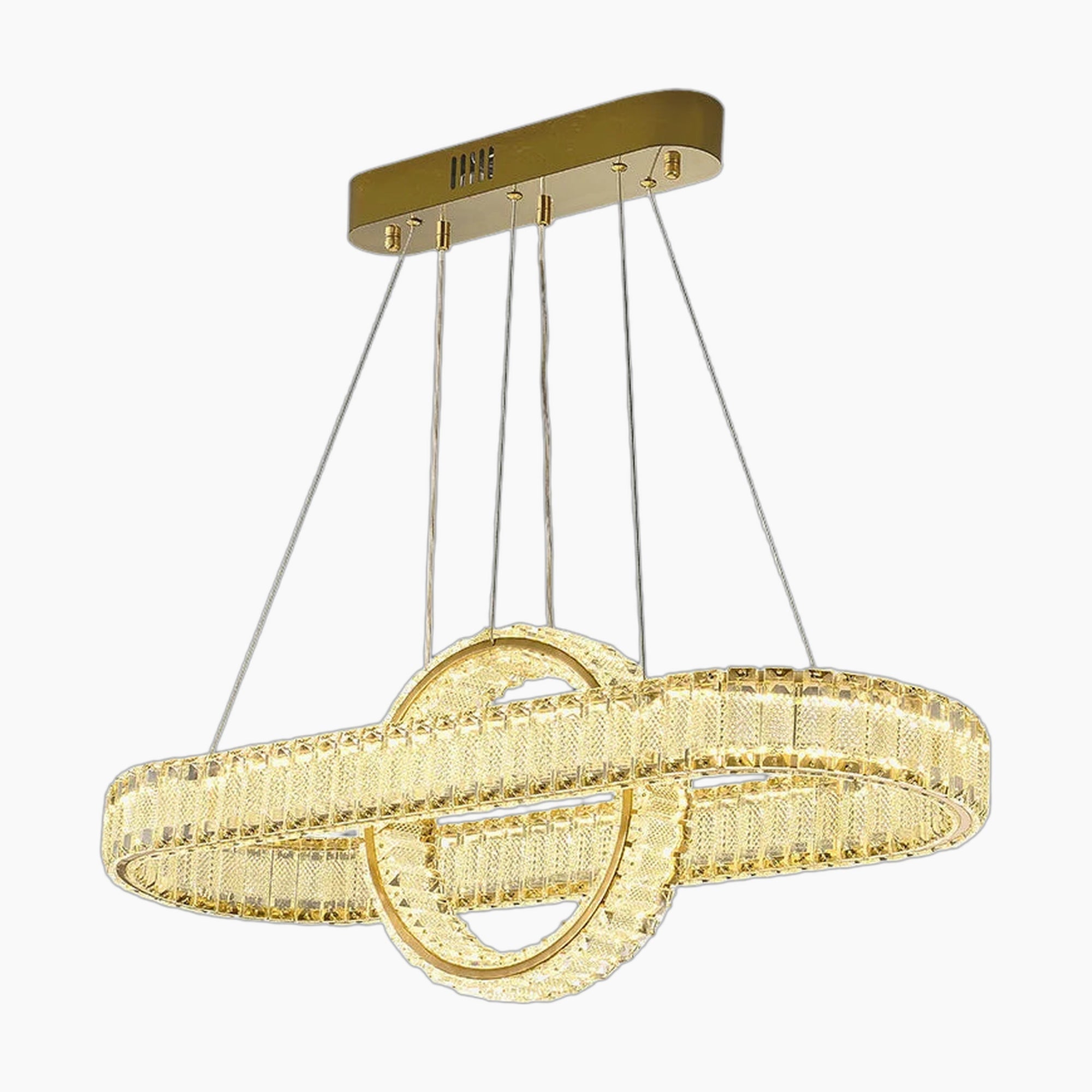 Dual intertwined LED crystal rings suspended by gold ceiling mount, modern dimmable chandelier.