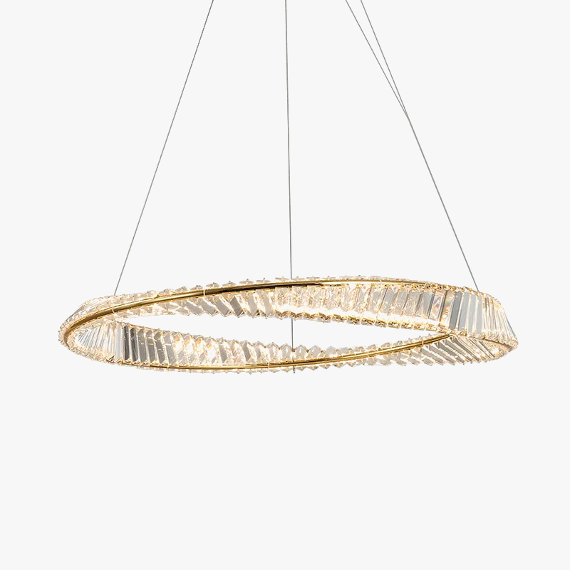 Gold Maison Ornate Modern Crystal Industrial Chandelier with remote, faceted crystals, suspended by thin wires.