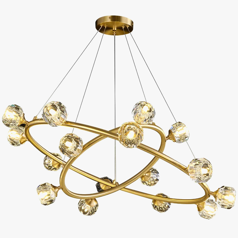 Gold intersecting ring chandelier with multiple glass bulbs, suspended by slim wires, contemporary style.