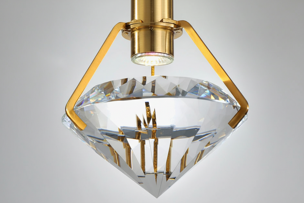 Close-up of gold Maison Ornate Modern Crystal Chandelier with faceted diamond crystal and creative LED shapes.