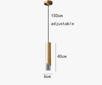Gold and clear crystal LED chandelier, cylinder iron shape, 6cm diameter, 40cm high, adjustable cord.