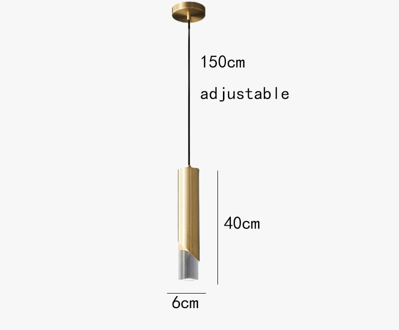 Minimalist gold and clear iron cylinder chandelier, 40cm high, adjustable up to 150cm cord.