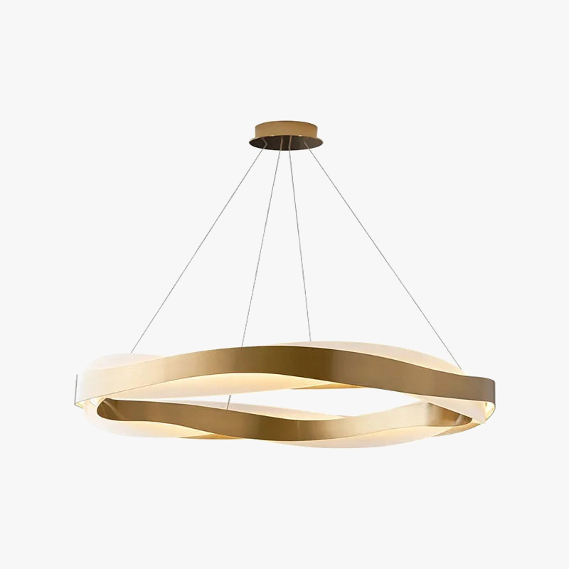 The Maison Ornate Golden Crystal Chandelier with gold, twisted LED rings and slim suspension wires.