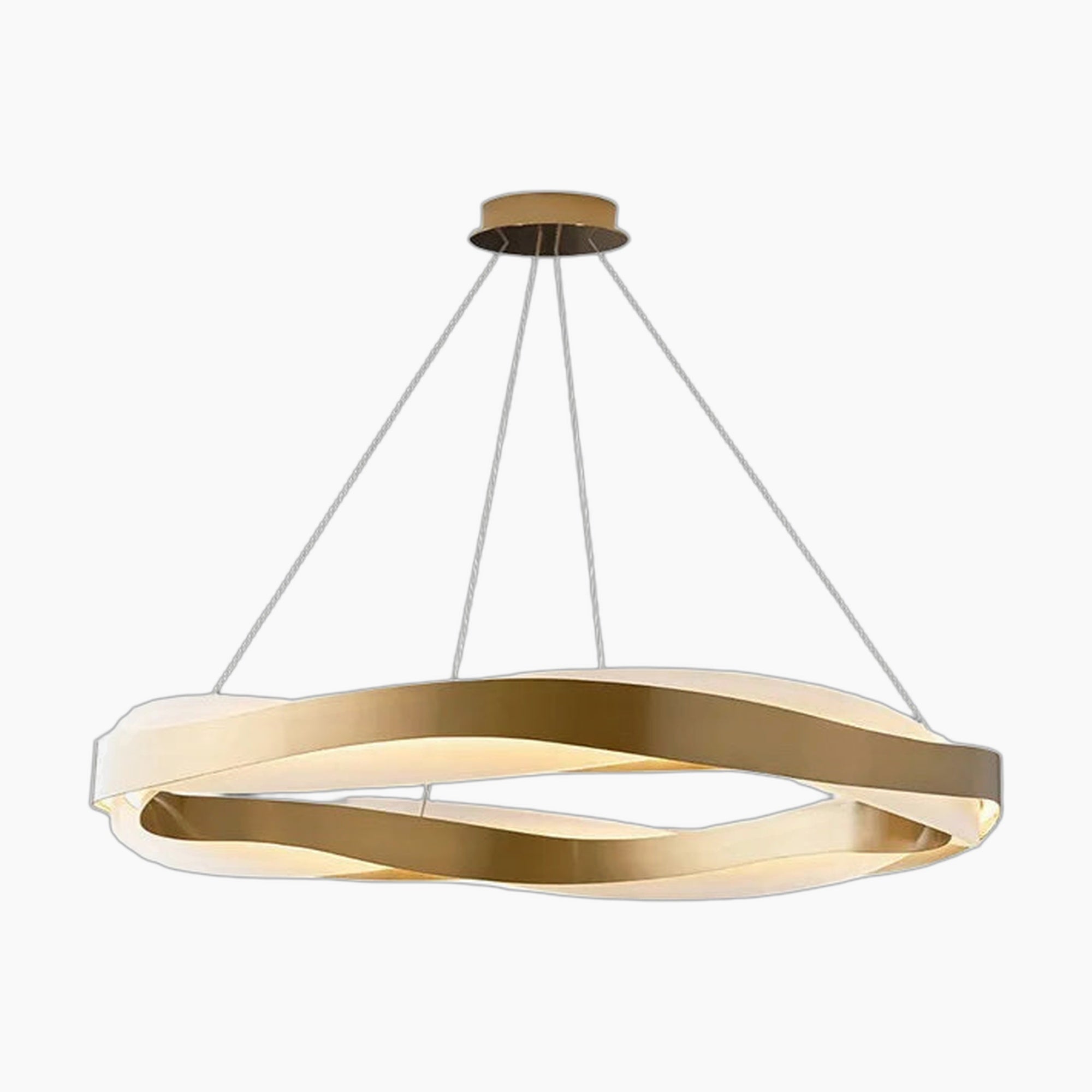 Twisted gold-frame chandelier with modern LED rings, suspended by cables, offers dimmable brightness.