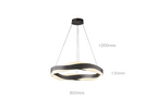 Ornate golden crystal chandelier with LED rings, twisted black-white design, dimmable, 1200x800mm size.