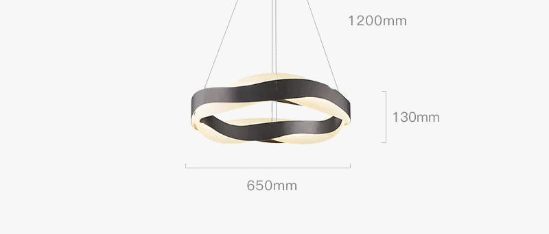 Modern LED chandelier with golden crystal accents, twisted black and white rings, dimmable, adjustable suspension.