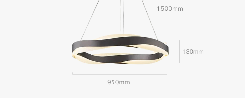 Modern golden chandelier with wavy LED rings, slim wires, dimmable design; 950mm wide, 130mm tall.
