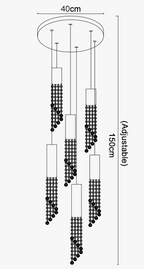 Modern black and white crystal chandelier with five staggered LED pendants and adjustable hanging beads.