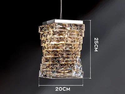 Rectangular chandelier with layered crystal glass, 25 cm high, 20 cm wide. Warm LED illumination.