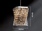 Rectangular chandelier with layered crystal glass, 25 cm high, 20 cm wide. Warm LED illumination.