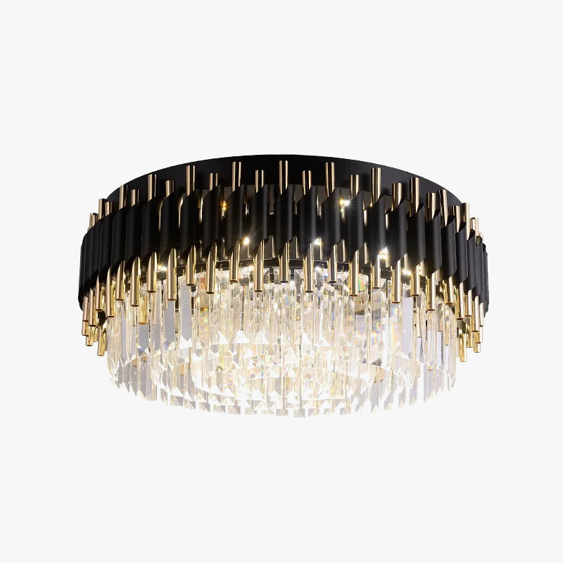 Maison Ornate Modern chandelier with black and gold finish, hanging crystal prisms, elegant lighting.