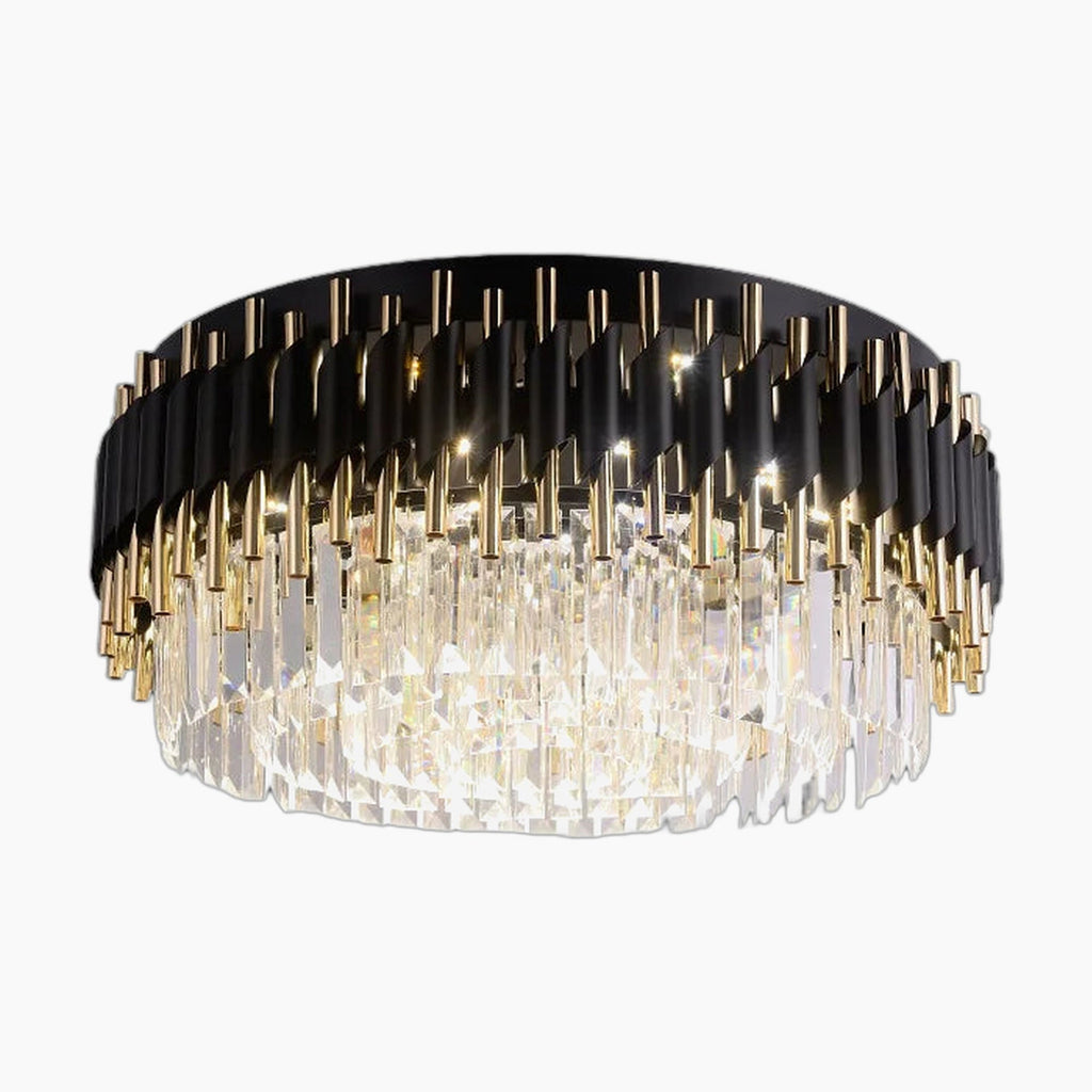 Modern LED crystal chandelier with round black and gold frame, vertical rods, and clear prisms.