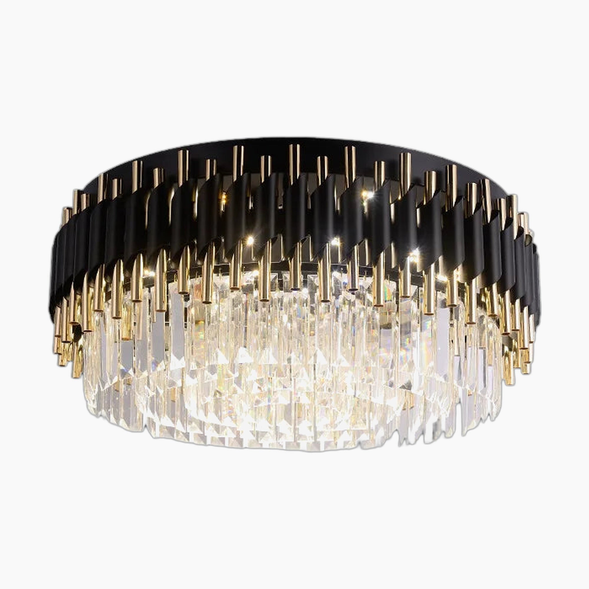Modern LED crystal chandelier with round black and gold frame, vertical rods, and clear prisms.