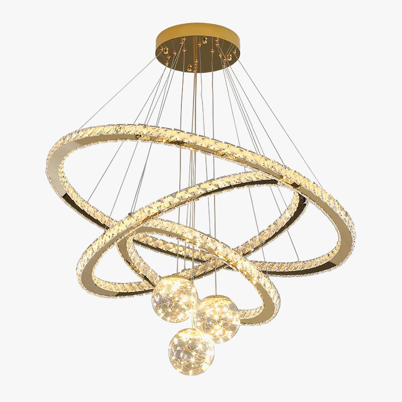 Ornate golden chandelier with three crystal LED rings and four starry glass ball accents.