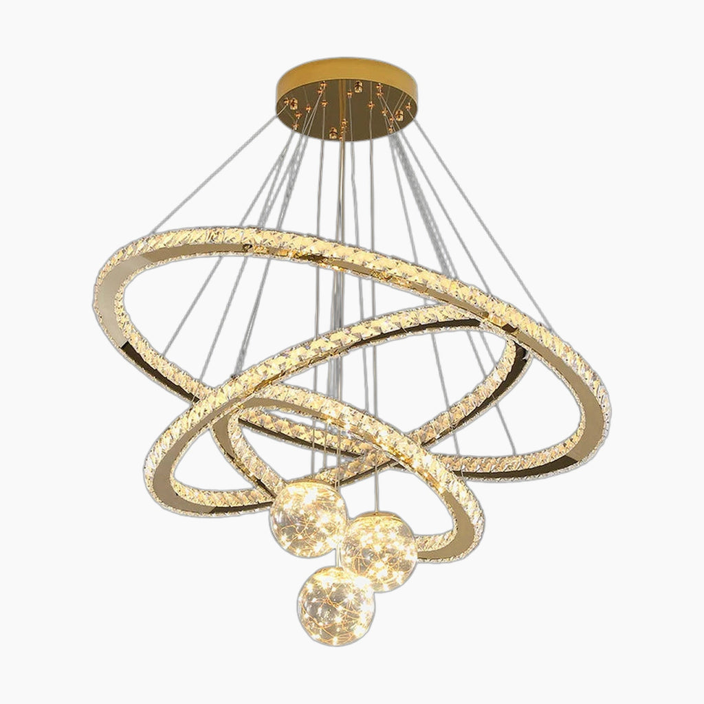 Three intersecting crystal LED rings and four starry glass bulbs form a modern chandelier.