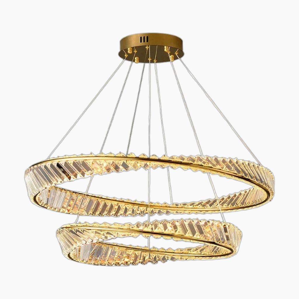 Maison Ornate K9 Crystal Chandelier has gold rings, textured glass, LED lights, and thin wire suspension.