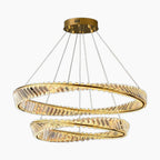 Maison Ornate K9 Crystal Chandelier has gold rings, textured glass, LED lights, and thin wire suspension.