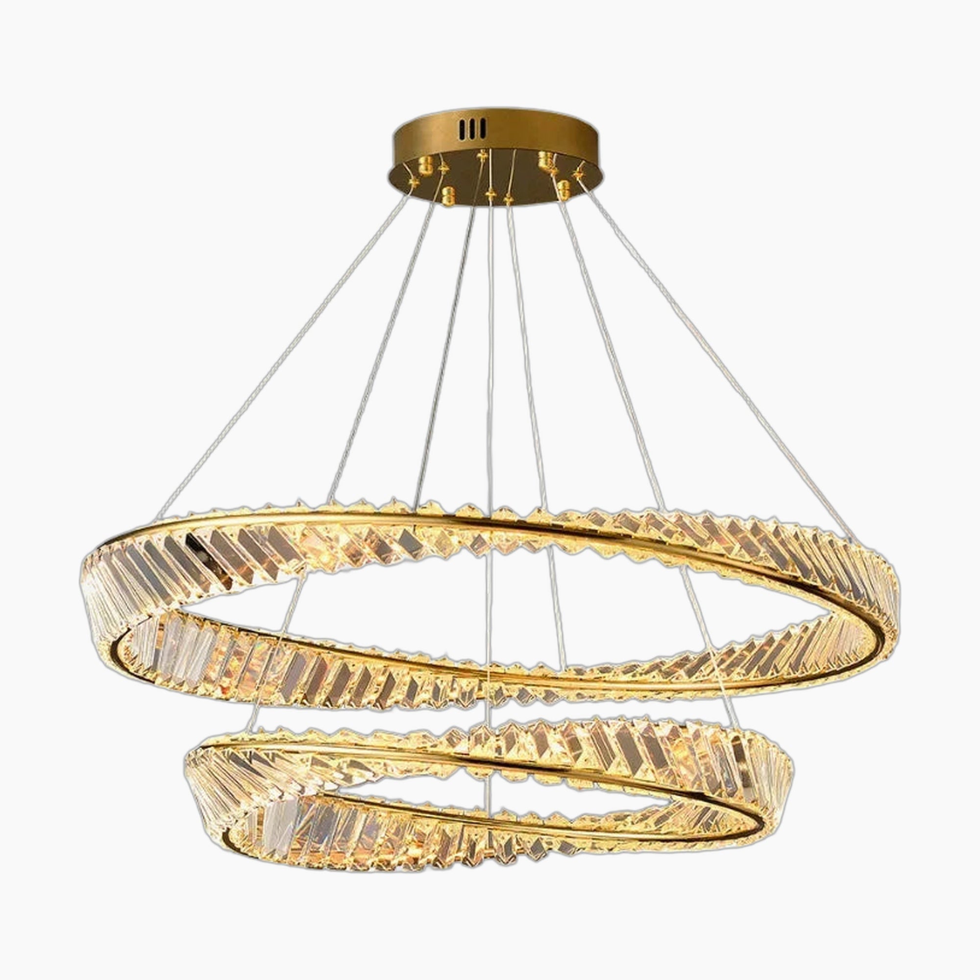 Maison Ornate K9 Crystal Chandelier has gold rings, textured glass, LED lights, and thin wire suspension.