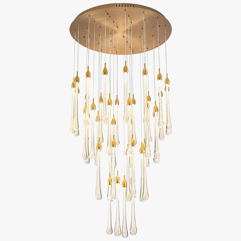 Round gold mount chandelier with cascading glass droplets, gold tips, adjustable height, and LED lighting.
