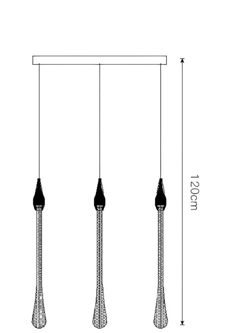 Line drawing of Maison Ornate Modern LED Crystal Chandelier with three teardrop lights on adjustable cords.
