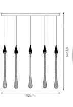 Line art of modern LED crystal chandelier, five teardrop pendants in a row, adjustable height.