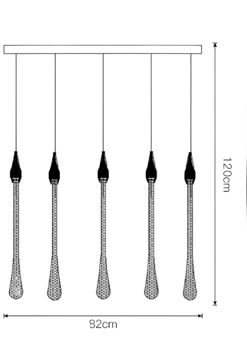 Line drawing of Maison Ornate Modern LED Crystal Chandelier, five adjustable hanging lights, 82 cm wide.