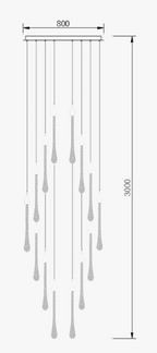 Line drawing of Maison Ornate Modern LED Crystal Chandelier with adjustable pendant lights, 800 mm wide, 3000 mm tall.