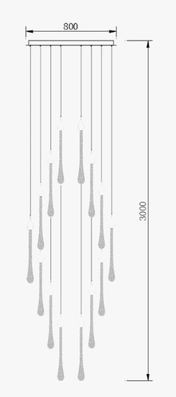 Modern LED crystal chandelier with elongated bulbs, adjustable rods, and cascading design; 800x3000 mm.