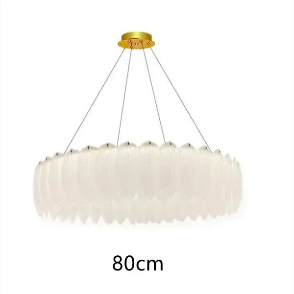 Ornate crystal ball chandelier with decorative feathers, layered glass, gold mount, 80cm diameter.
