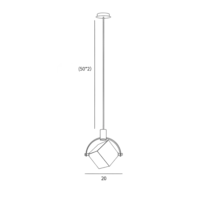 Line drawing of cube-shaped crystal chandelier, 20 cm wide, hanging from dual 50 cm rods.