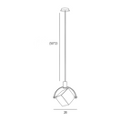 Line drawing of cube-shaped crystal chandelier, 20 cm wide, hanging from dual 50 cm rods.