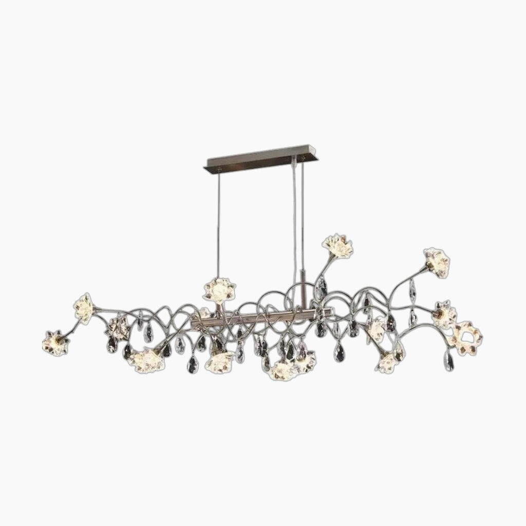 Maison Ornate postmodern chandelier with rectangular mount, curved metal branches, floral LED lights, hanging crystals.