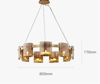 Circular gold LED chandelier with cylindrical glass shades, triple-wire suspension, elegant multi-bulb design.