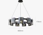 Elegant circular LED chandelier with rectangular glass shades, three-wire suspension, 800mm x 170mm size.