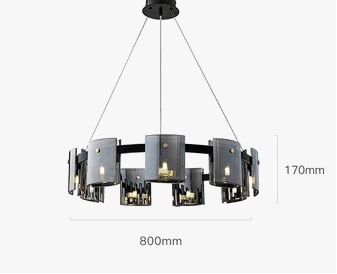 Elegant circular LED chandelier with rectangular glass shades, three-wire suspension, 800mm x 170mm size.