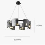 Scandinavian crystal chandelier with black and glass panels, 3-wire suspension, 600mm wide, 170mm tall.
