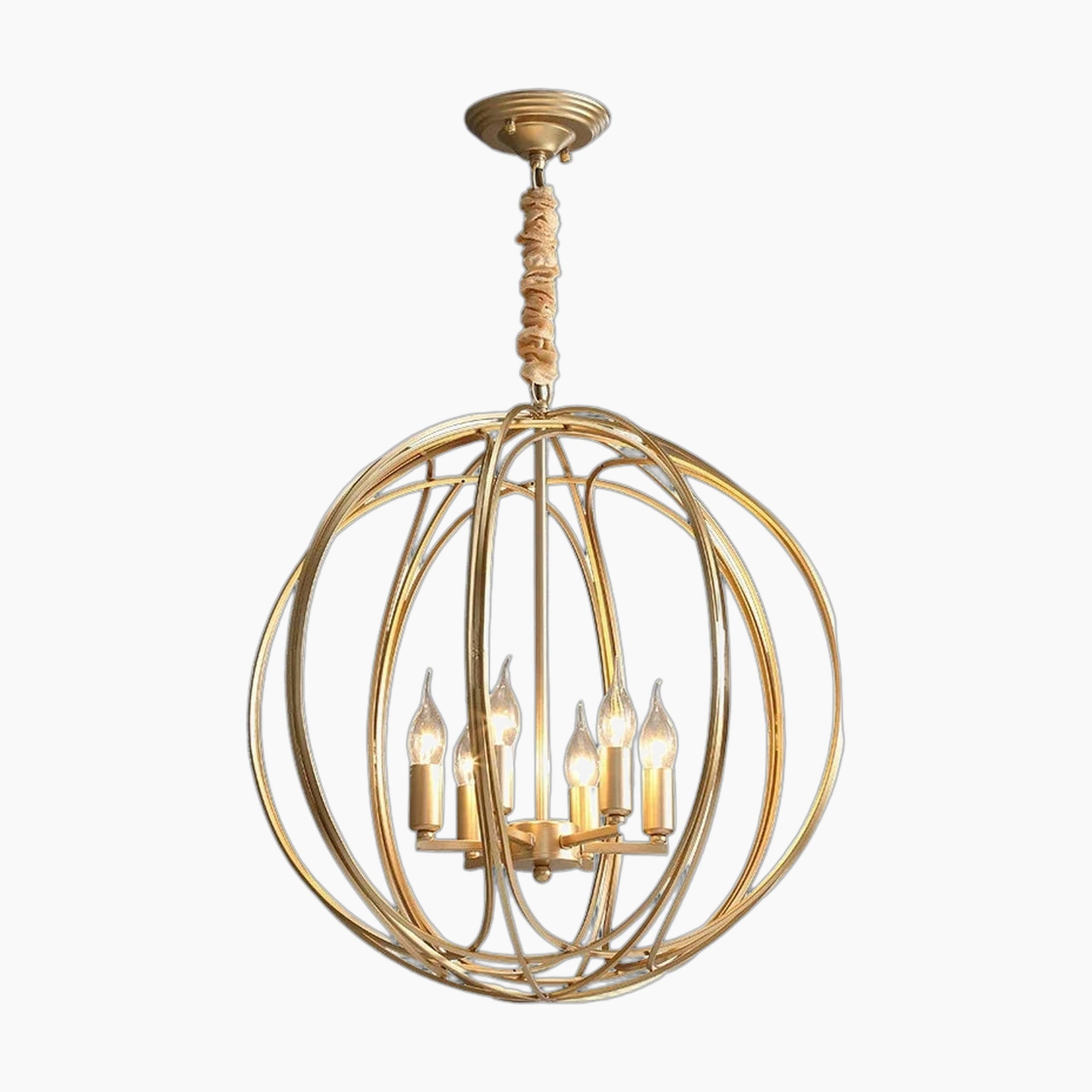 Gold ring-shaped crystal chandelier with curved metal bands, six candle LEDs, and decorative rope-wrapped gold rod.