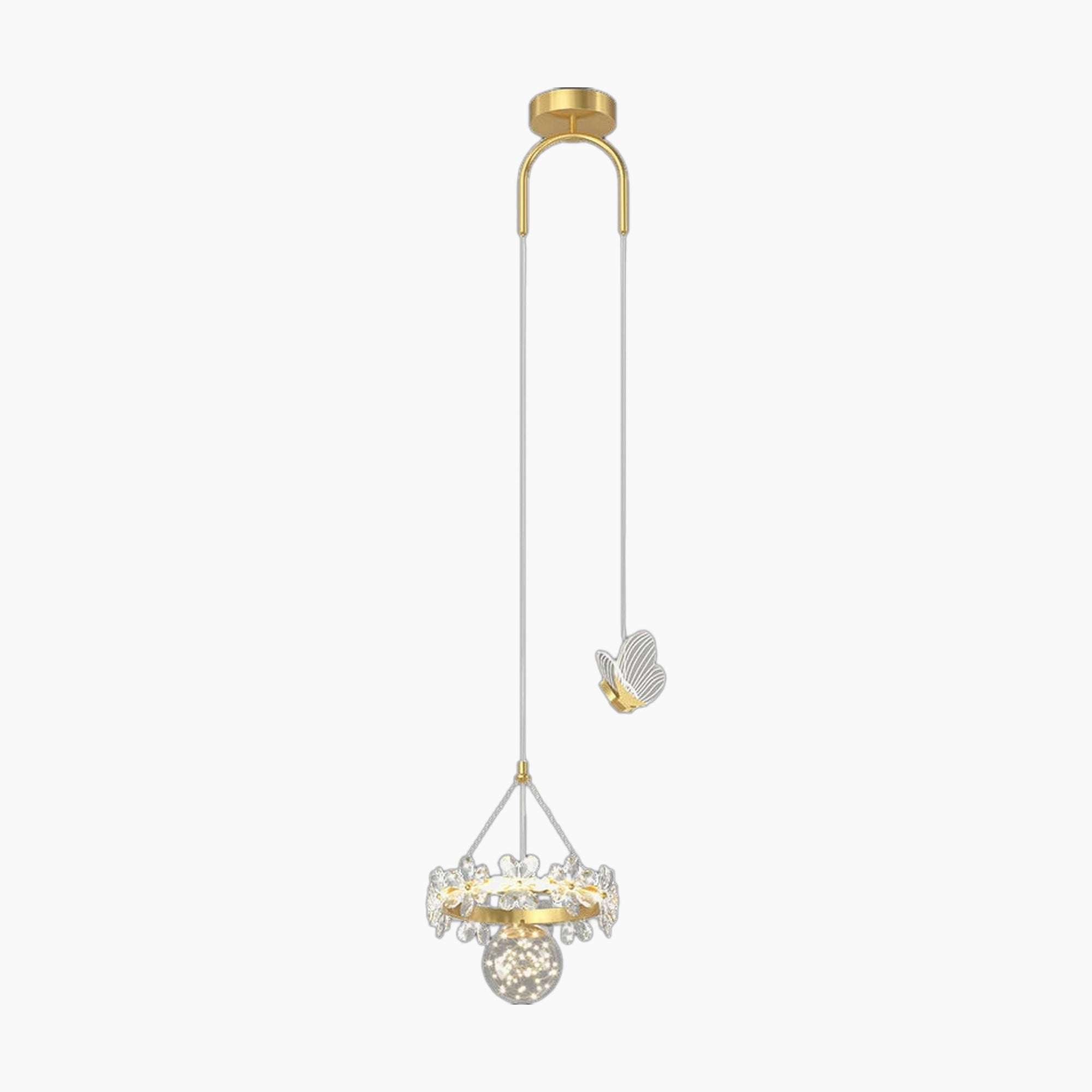 Gold ceiling mount chandelier with twin cords, butterfly accent, and crystal-globe for modern elegance.