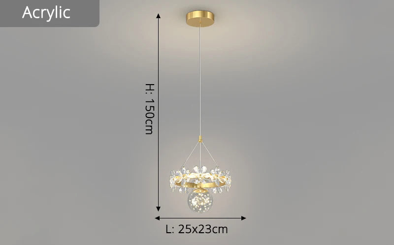 Maison Ornate Minimalist pendant features a crystal-embellished ring, spherical bulb, and acrylic body.