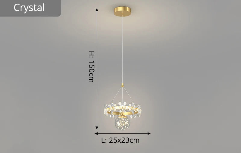 Ornate crystal ball pendant chandelier with a glowing center, 150cm drop, 25x23cm size.