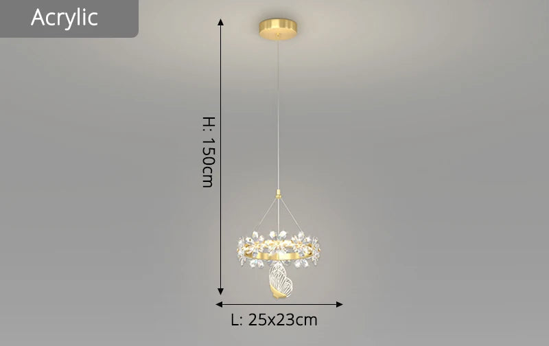 Gold-framed crystal ball pendant chandelier, single head, 150 cm tall, 25x23 cm base.
