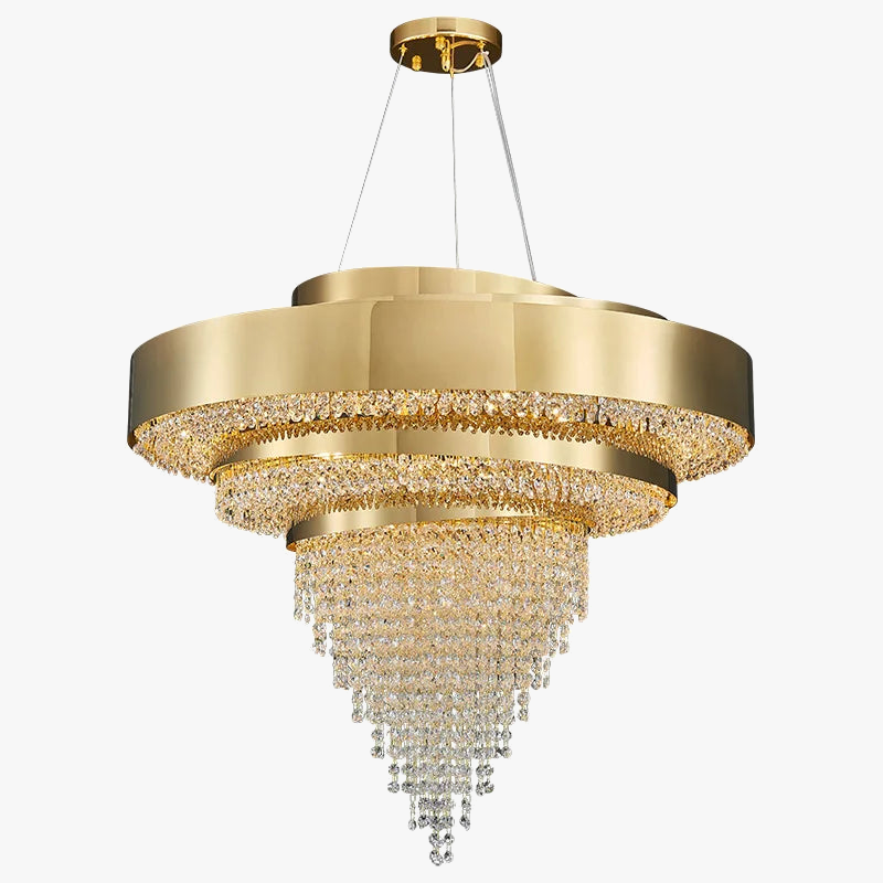 Three-tiered modern gold chandelier with cascading cone-shaped crystal strands, suspended by slender gold wires.