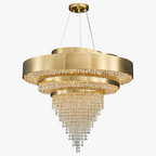 Three-tiered modern gold chandelier with cascading cone-shaped crystal strands, suspended by slender gold wires.