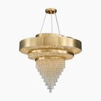 Three gold rings with cascading crystal beads form a cone-shaped, modern, elegant chandelier design.
