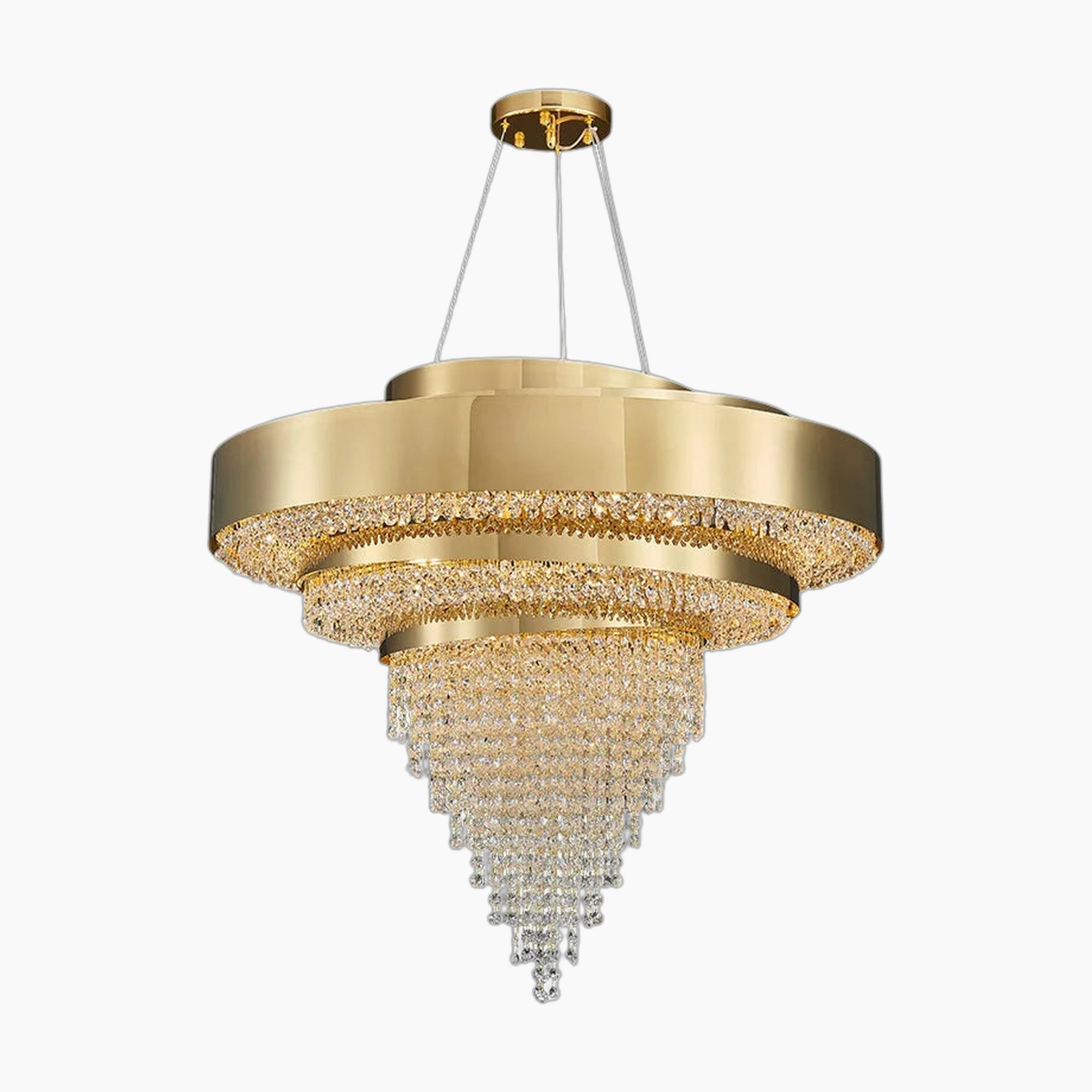 Three gold rings with cascading crystal beads form a cone-shaped, modern, elegant chandelier design.