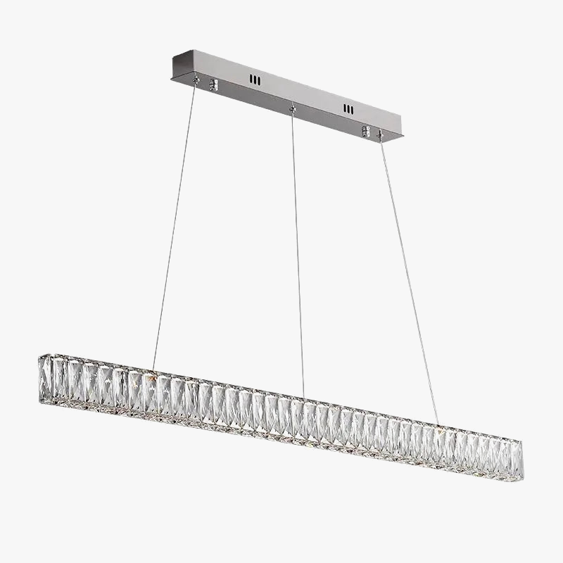 Rectangular LED chandelier with clear crystals, slim suspension wires, and dimmable elegant lighting.