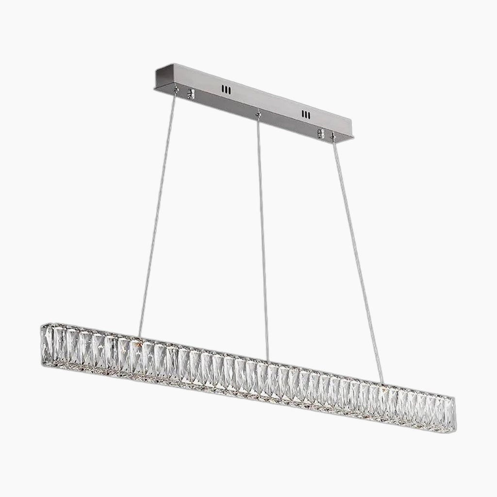 Large chrome-finished chandelier with dimmable LED crystal accents, suspended by two slim wires.