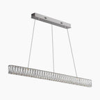 Large chrome-finished chandelier with dimmable LED crystal accents, suspended by two slim wires.